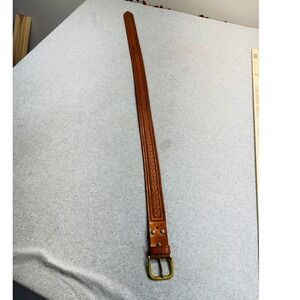 Vintage Browning Leather Belt Mens 36 Tan Basket Weave Tooled Solid Brass Buckle